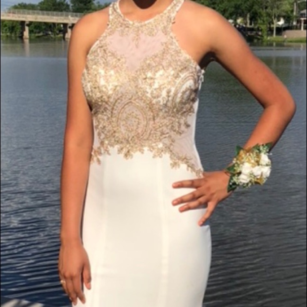 Beautiful White Prom Dress with Gold Details